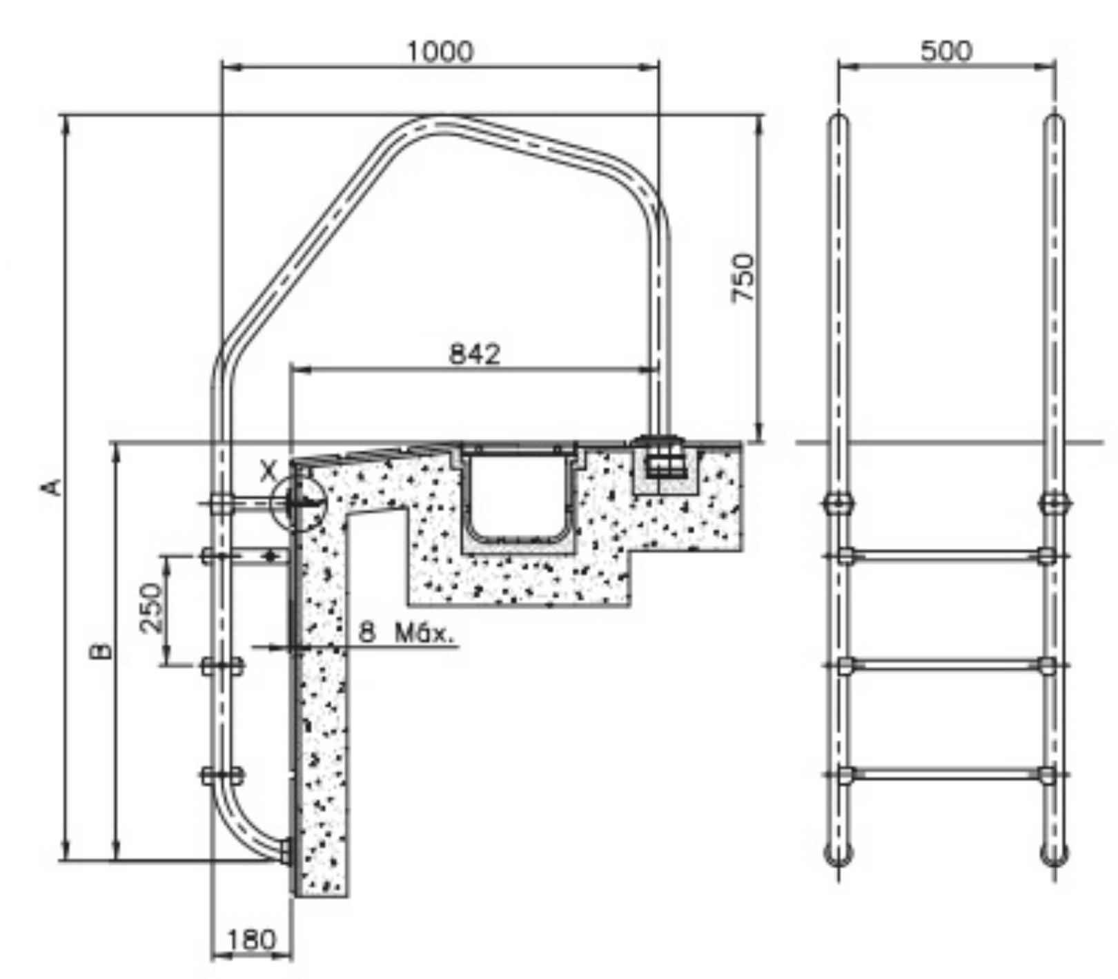 Escada para piscina com caleira - IOT-POOL