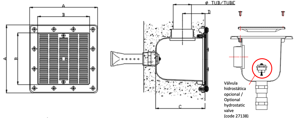 Ralo de Fundo 512x512mm - Betão - IOT-POOL